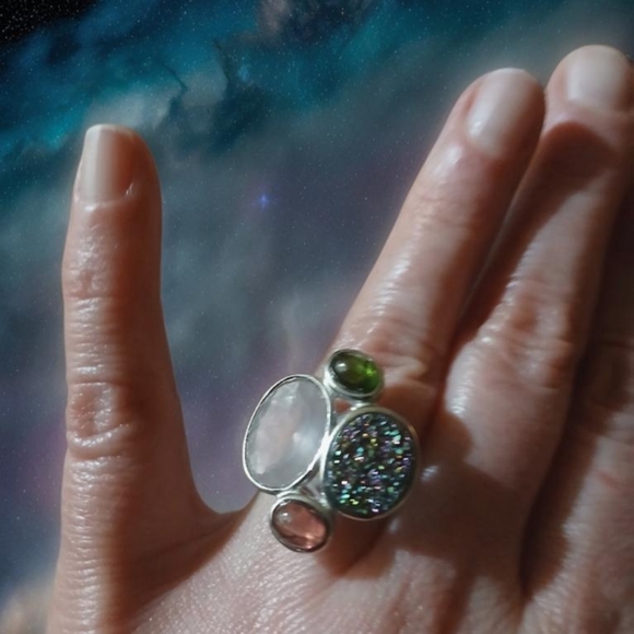 Pink & Green Tourmaline Druzy Quartz Cluster Statement Ring 925 - Picture 7 of 7